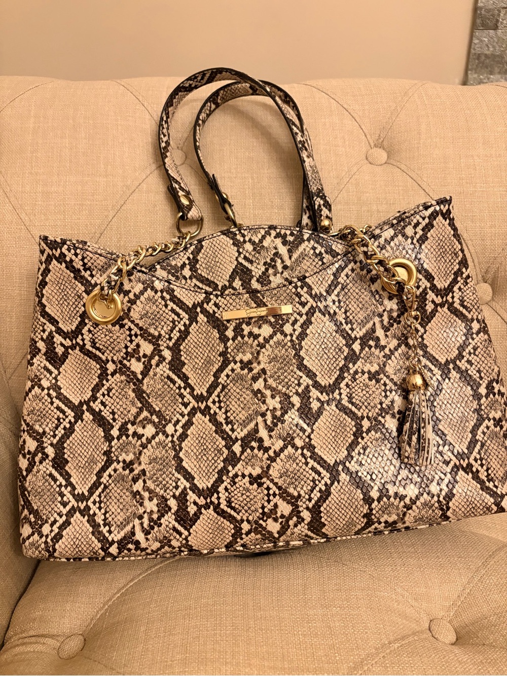 Jessica Simpson Beige and Brown Snake-Print Tote with Gold Chain